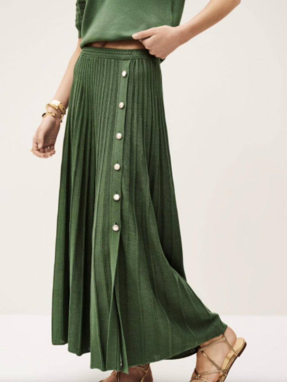 NWT ba&sh Sindy Green Pointelle Knit Pleated Button Slit Midi Skirt 2/ US Medium